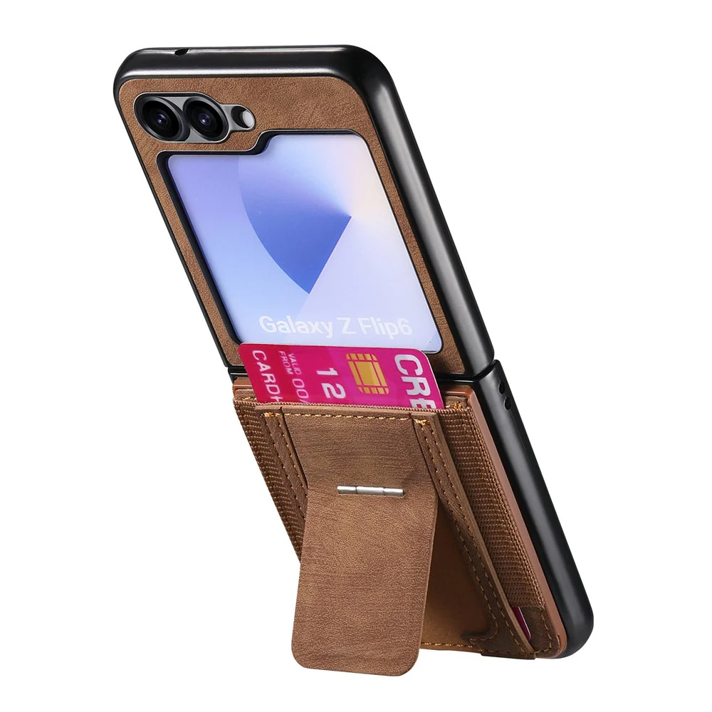For Samsung Galaxy Z Flip7 FE 5G / Z Flip6 5G Case Kickstand Retro Leather Back Cover with Card Holder - Brown - Image 2