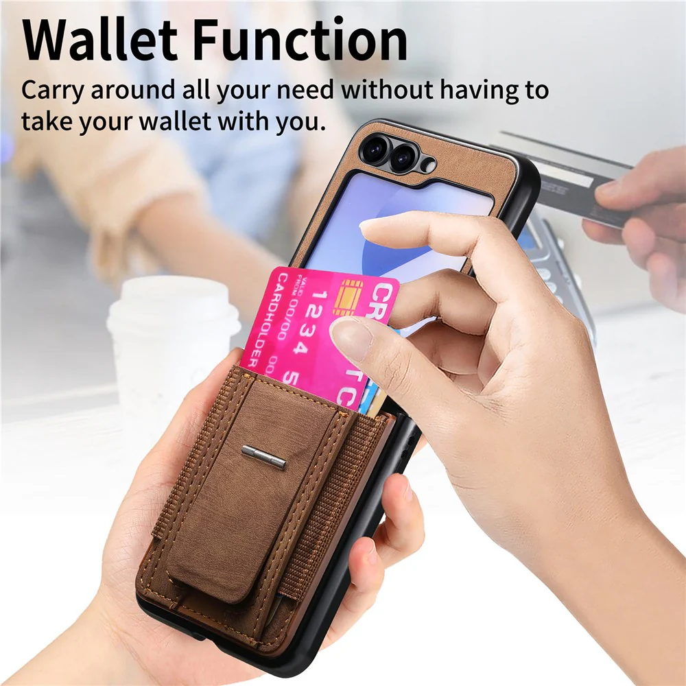 For Samsung Galaxy Z Flip7 FE 5G / Z Flip6 5G Case Kickstand Retro Leather Back Cover with Card Holder - Brown - Image 7