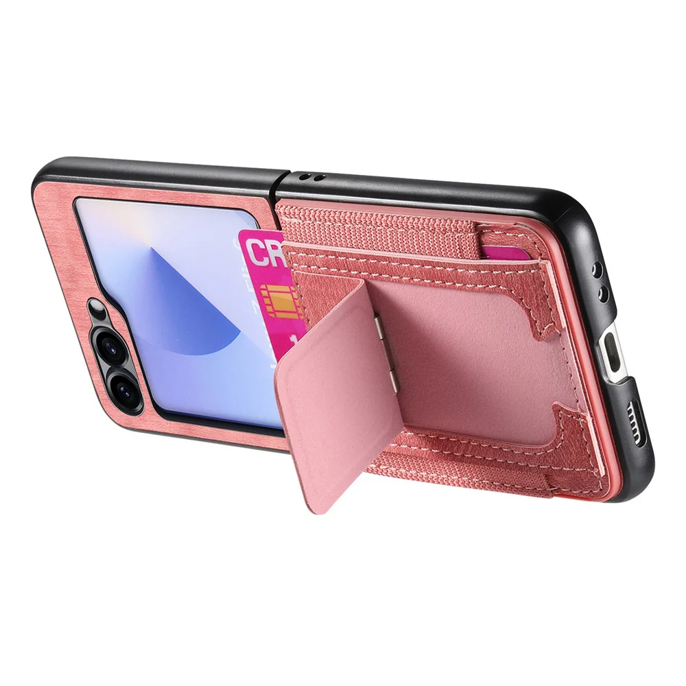For Samsung Galaxy Z Flip7 FE 5G / Z Flip6 5G Case Kickstand Retro Leather Back Cover with Card Holder - Pink - Image 3