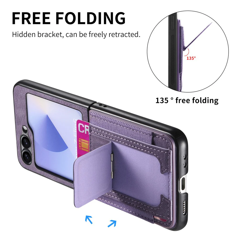 For Samsung Galaxy Z Flip7 FE 5G / Z Flip6 5G Case Kickstand Retro Leather Back Cover with Card Holder - Purple - Image 5