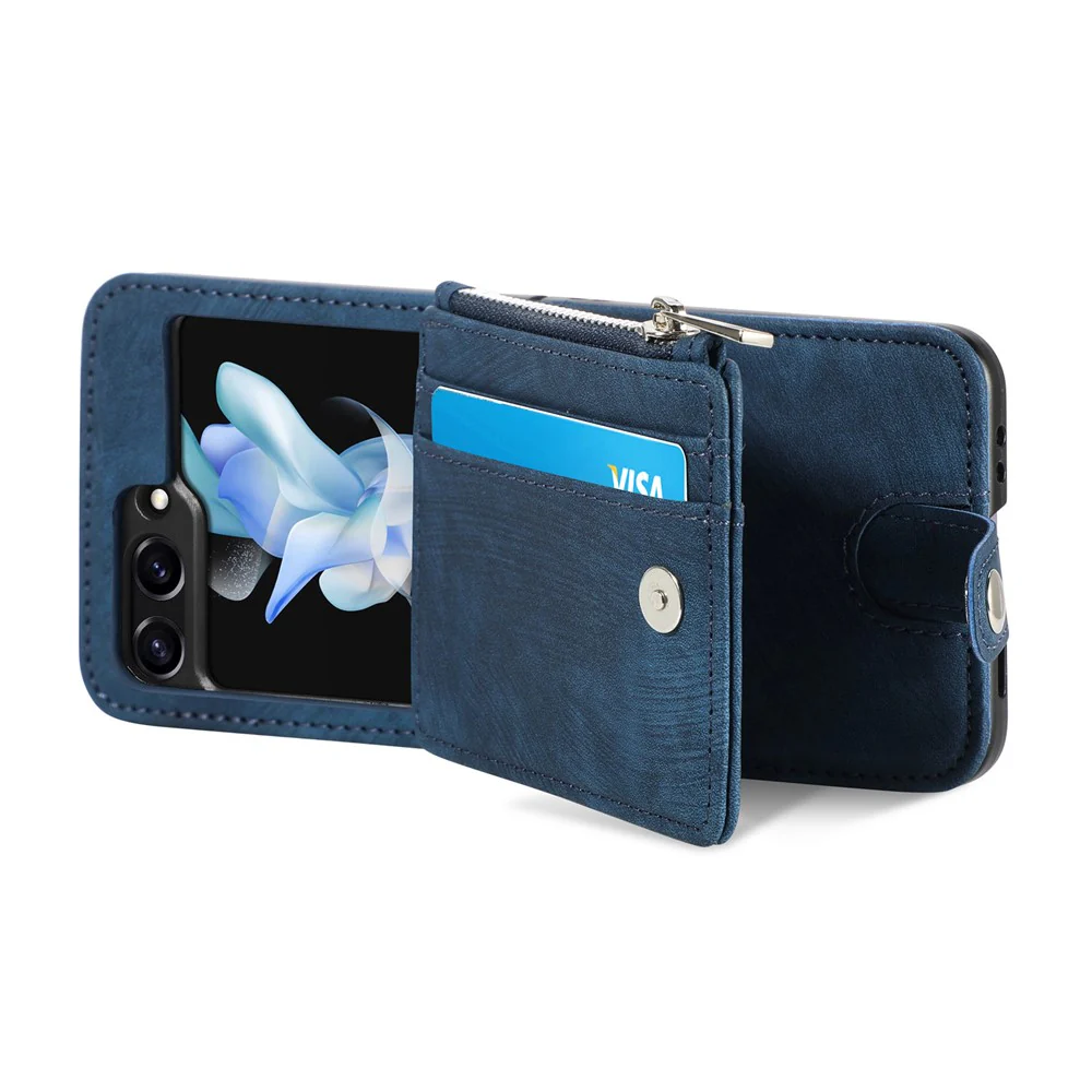 For Samsung Galaxy Z Flip7 FE 5G / Z Flip6 5G Case Kickstand Retro Leather Phone Cover Zipper Card Holder - Blue - Image 6