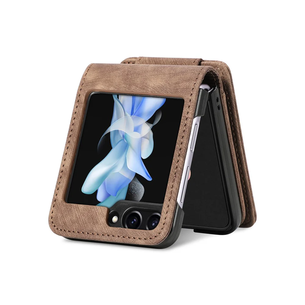 For Samsung Galaxy Z Flip7 FE 5G / Z Flip6 5G Case Kickstand Retro Leather Phone Cover Zipper Card Holder - Brown - Image 3