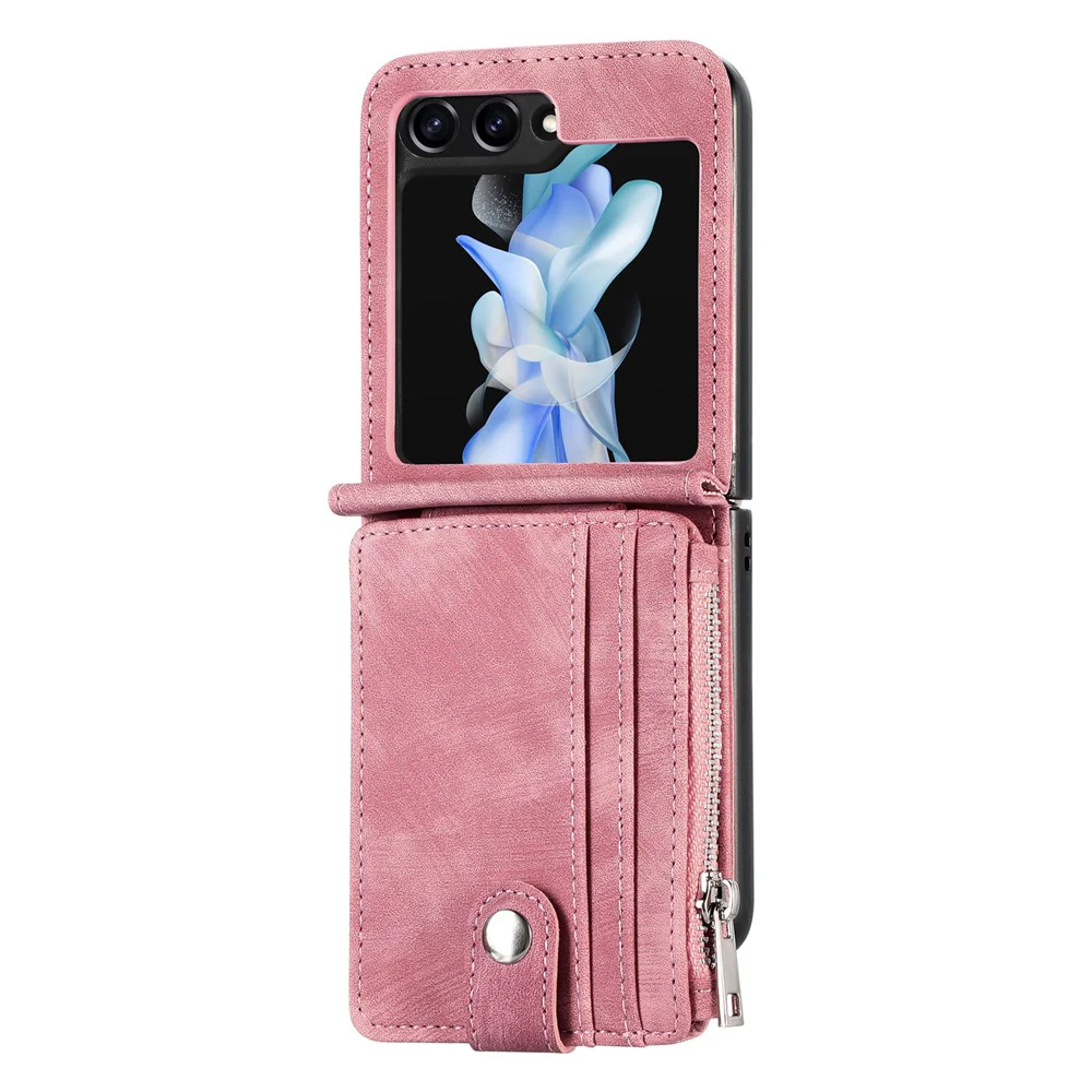 For Samsung Galaxy Z Flip7 FE 5G / Z Flip6 5G Case Kickstand Retro Leather Phone Cover Zipper Card Holder - Pink - Image 2