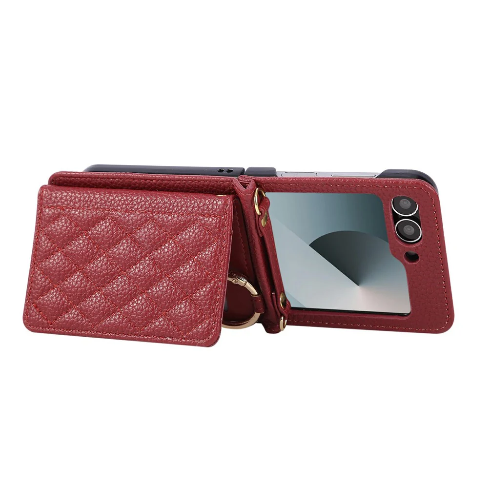 For Samsung Galaxy Z Flip7 FE 5G / Z Flip6 5G Case Kickstand Rhombus Leather + TPU Phone Cover with Shoulder Strap - Red - Image 4
