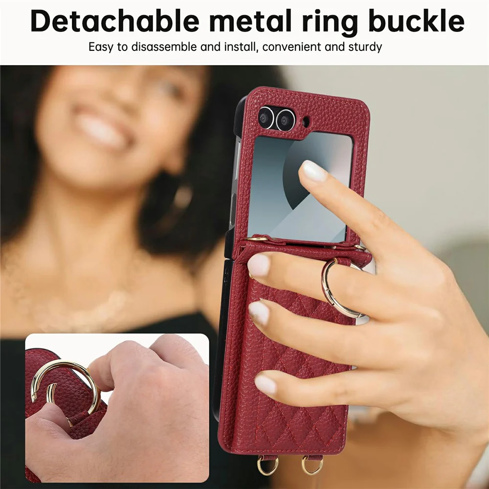 For Samsung Galaxy Z Flip7 FE 5G / Z Flip6 5G Case Kickstand Rhombus Leather + TPU Phone Cover with Shoulder Strap - Red - Image 8