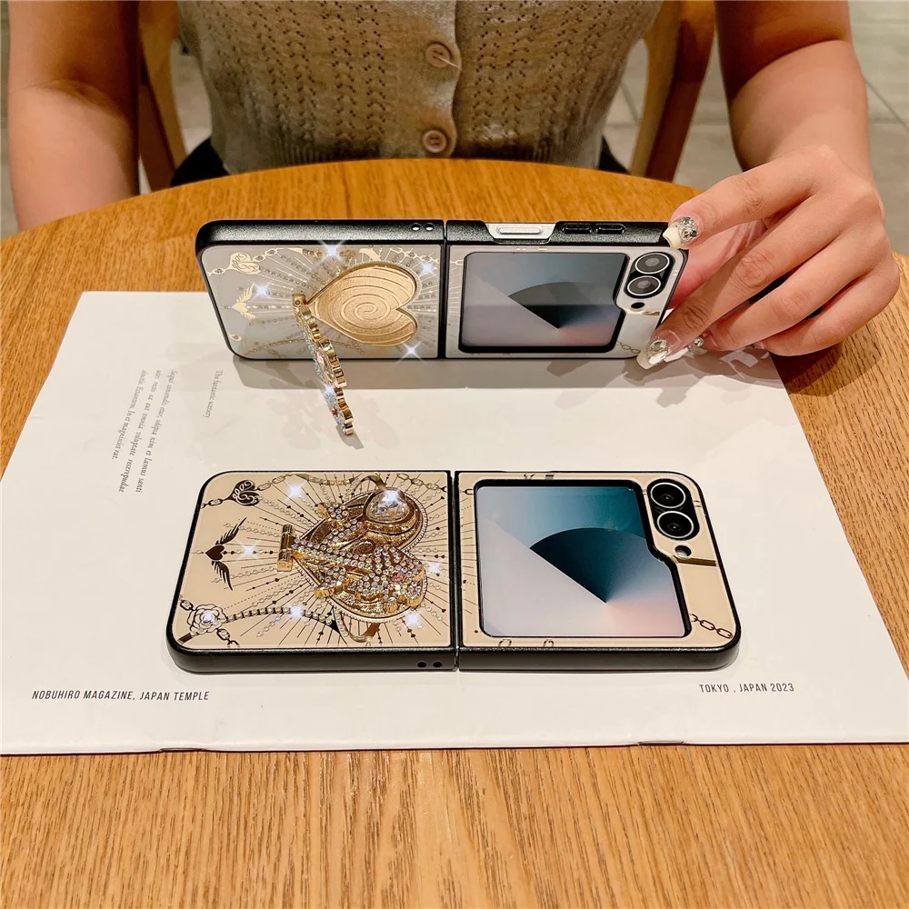 For Samsung Galaxy Z Flip7 FE 5G / Z Flip6 5G Case Kickstand TPU+PC Rhinestones Decor Phone Cover - Rose Gold - Image 6
