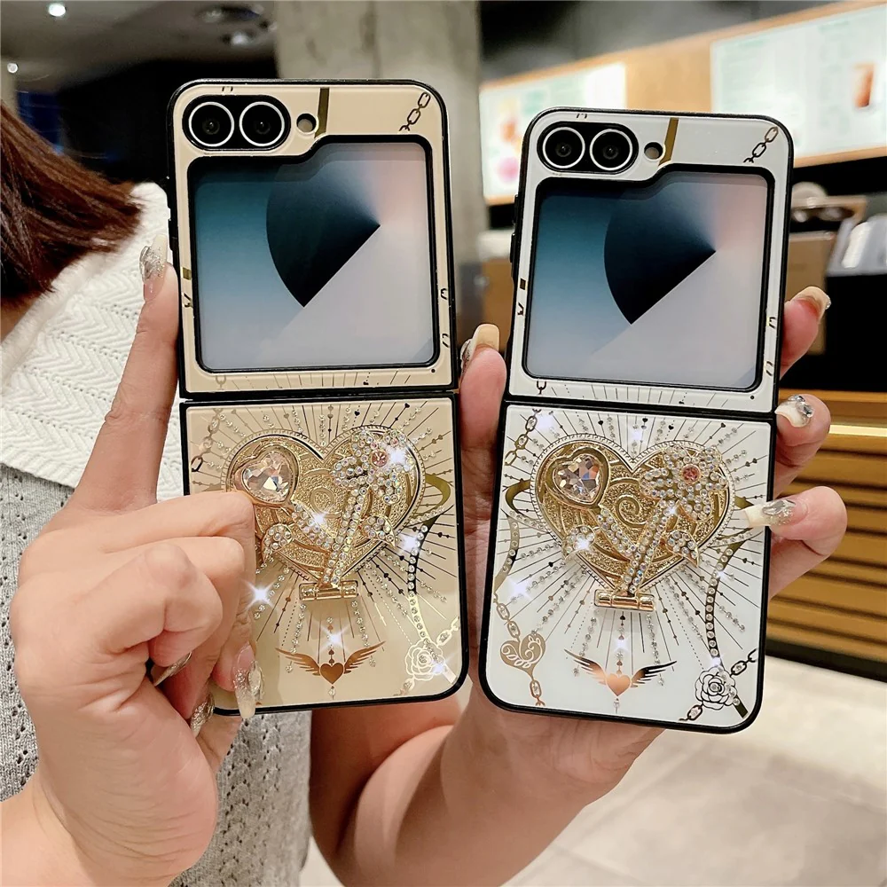 For Samsung Galaxy Z Flip7 FE 5G / Z Flip6 5G Case Kickstand TPU+PC Rhinestones Decor Phone Cover - Rose Gold - Image 8