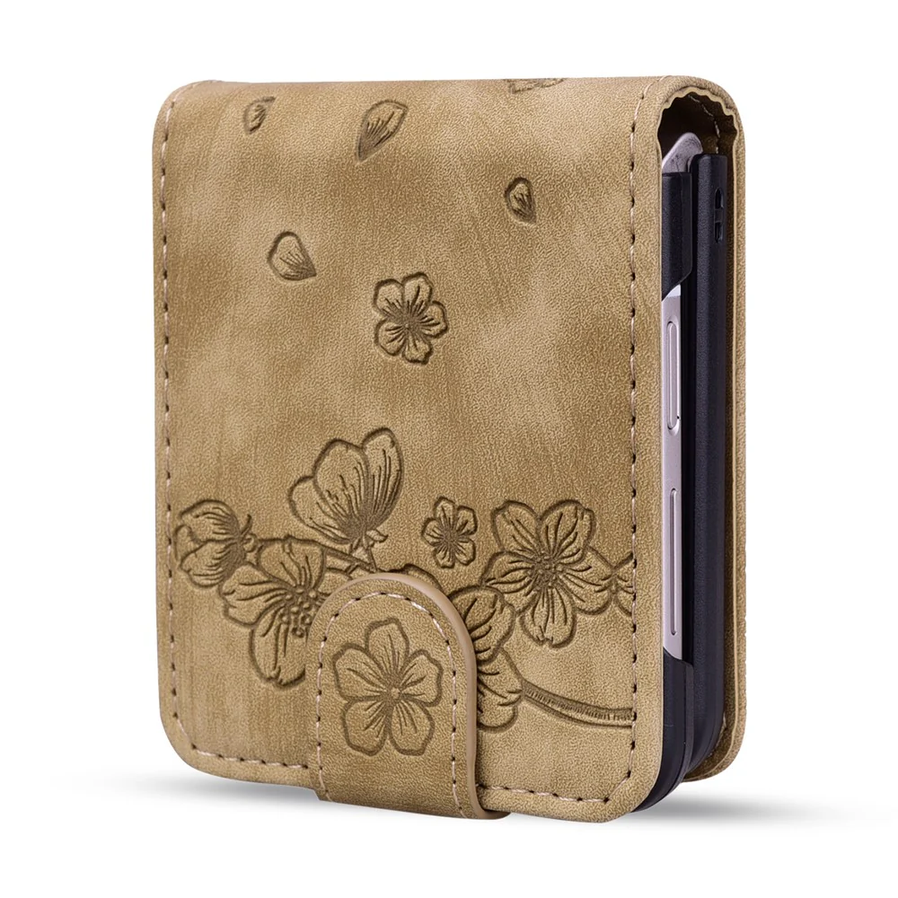 For Samsung Galaxy Z Flip7 FE 5G / Z Flip6 5G Case Leather + PC Cherry Blossom Phone Cover Card Holder - Brown - Image 2