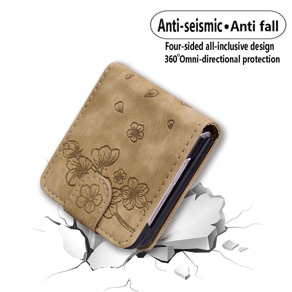 For Samsung Galaxy Z Flip7 FE 5G / Z Flip6 5G Case Leather + PC Cherry Blossom Phone Cover Card Holder - Brown - Image 7