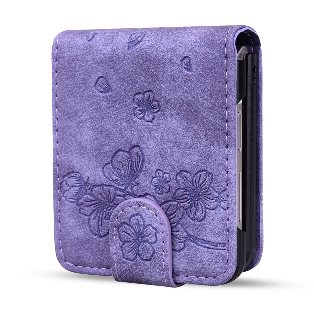 For Samsung Galaxy Z Flip7 FE 5G / Z Flip6 5G Case Leather + PC Cherry Blossom Phone Cover Card Holder - Purple - Image 2