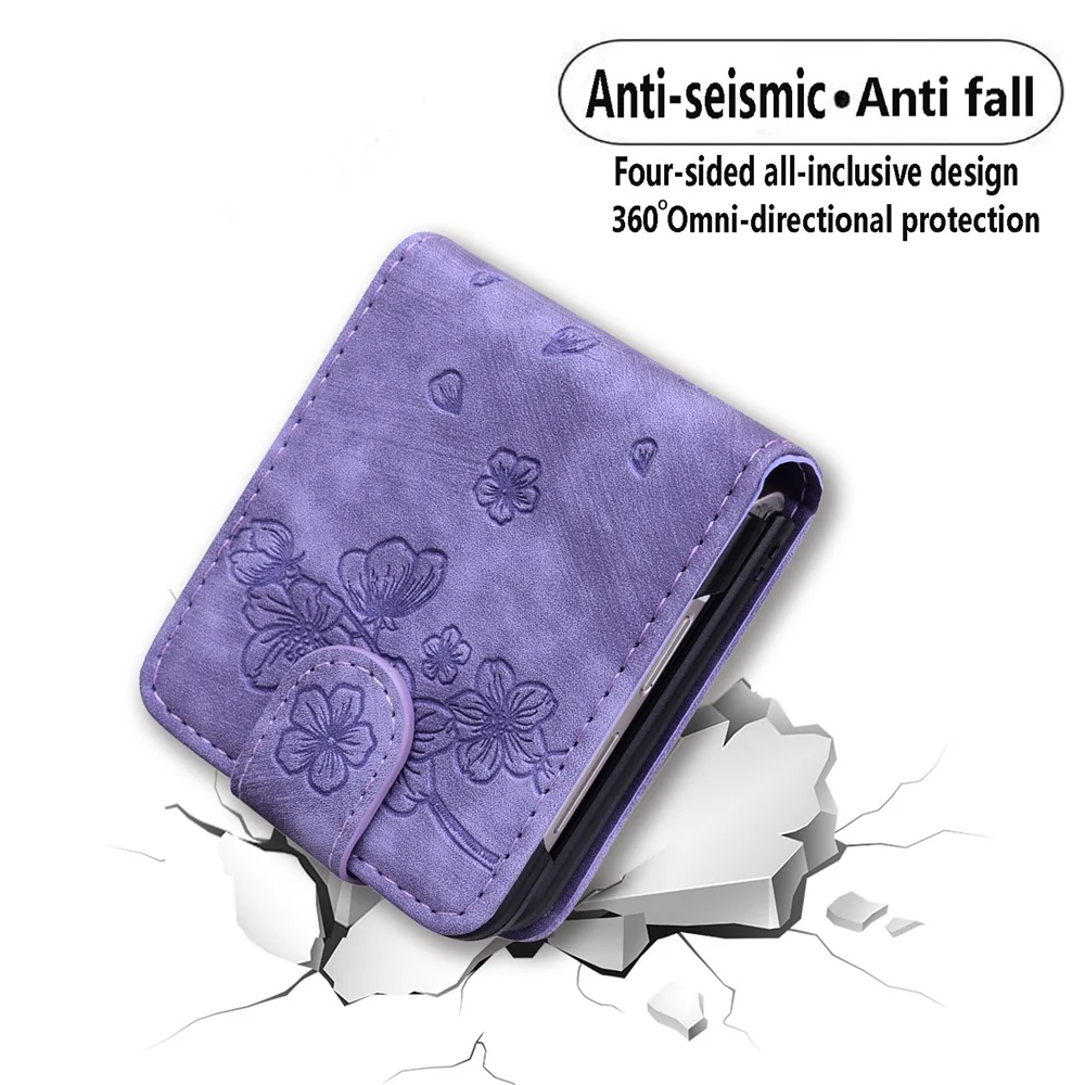 For Samsung Galaxy Z Flip7 FE 5G / Z Flip6 5G Case Leather + PC Cherry Blossom Phone Cover Card Holder - Purple - Image 7