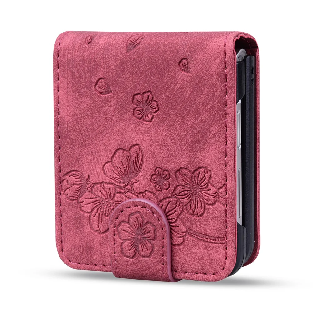 For Samsung Galaxy Z Flip7 FE 5G / Z Flip6 5G Case Leather + PC Cherry Blossom Phone Cover Card Holder - Wine Red - Image 2