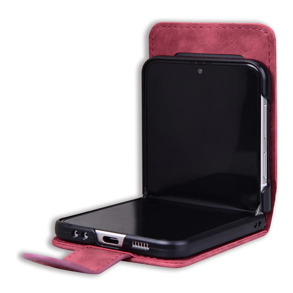 For Samsung Galaxy Z Flip7 FE 5G / Z Flip6 5G Case Leather + PC Cherry Blossom Phone Cover Card Holder - Wine Red - Image 3