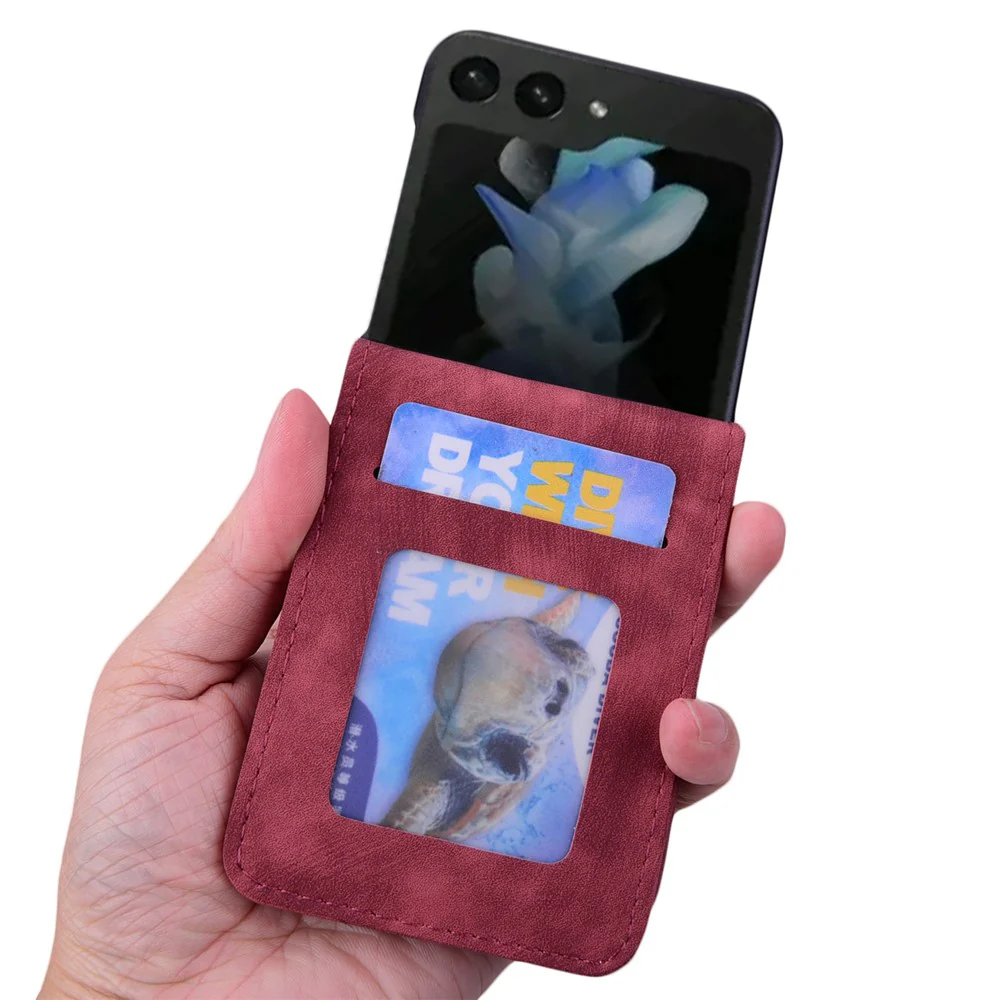 For Samsung Galaxy Z Flip7 FE 5G / Z Flip6 5G Case Leather + PC Cherry Blossom Phone Cover Card Holder - Wine Red - Image 4