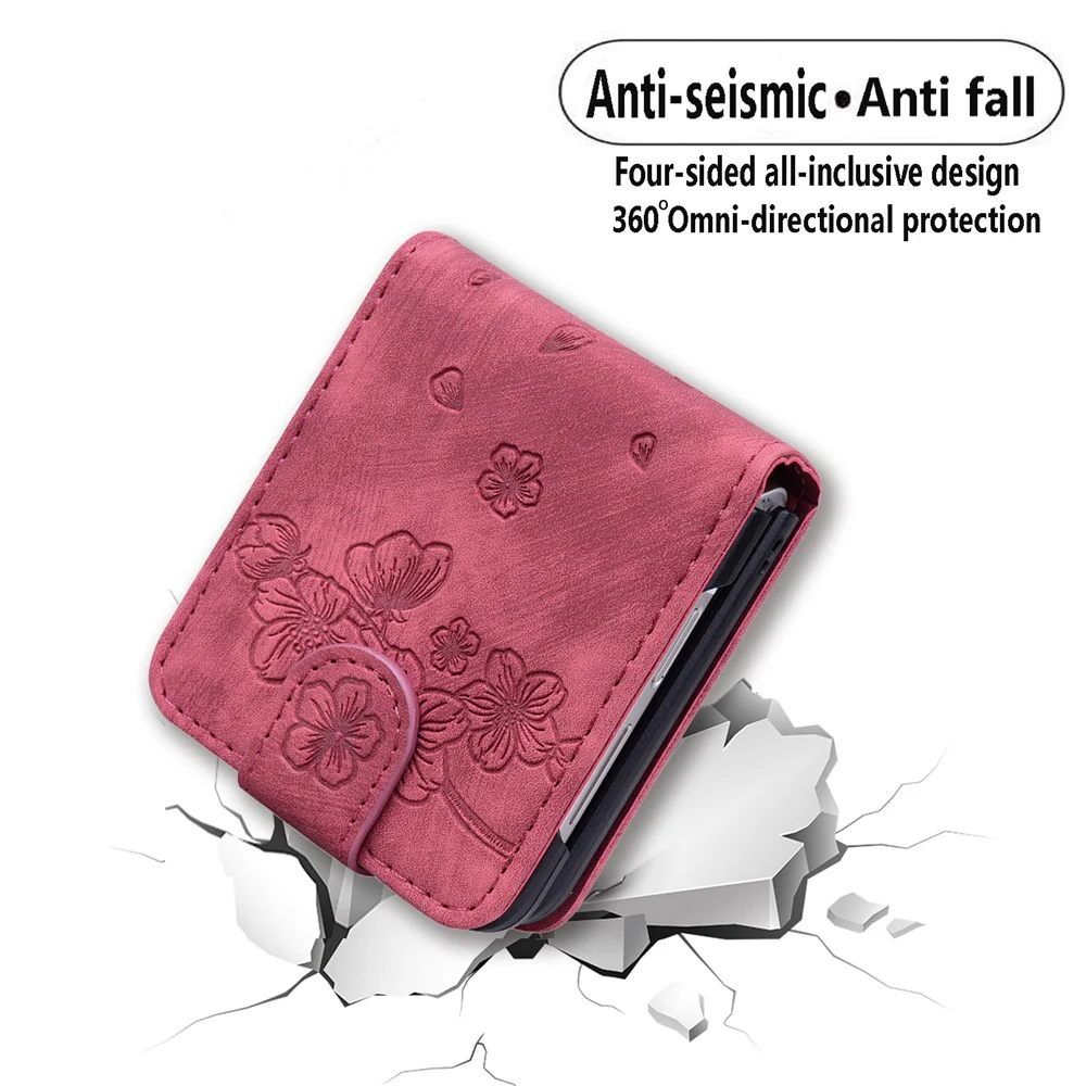 For Samsung Galaxy Z Flip7 FE 5G / Z Flip6 5G Case Leather + PC Cherry Blossom Phone Cover Card Holder - Wine Red - Image 7