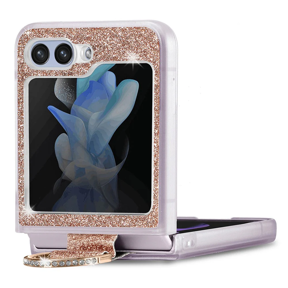 For Samsung Galaxy Z Flip7 FE 5G / Z Flip6 5G Case Leather+PC Glitter Phone Cover Rhinestone Ring Holder - Gold - Image 2