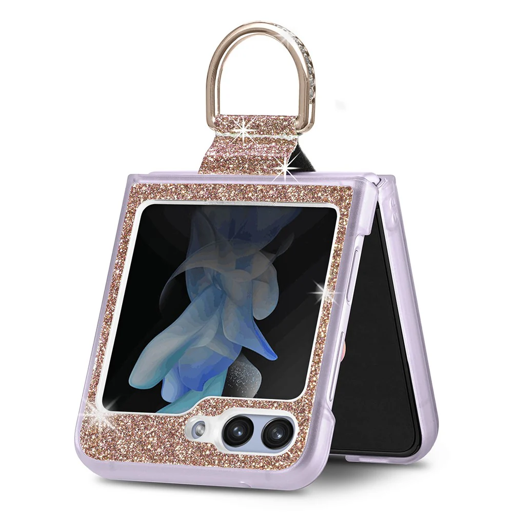 For Samsung Galaxy Z Flip7 FE 5G / Z Flip6 5G Case Leather+PC Glitter Phone Cover Rhinestone Ring Holder - Gold - Image 3