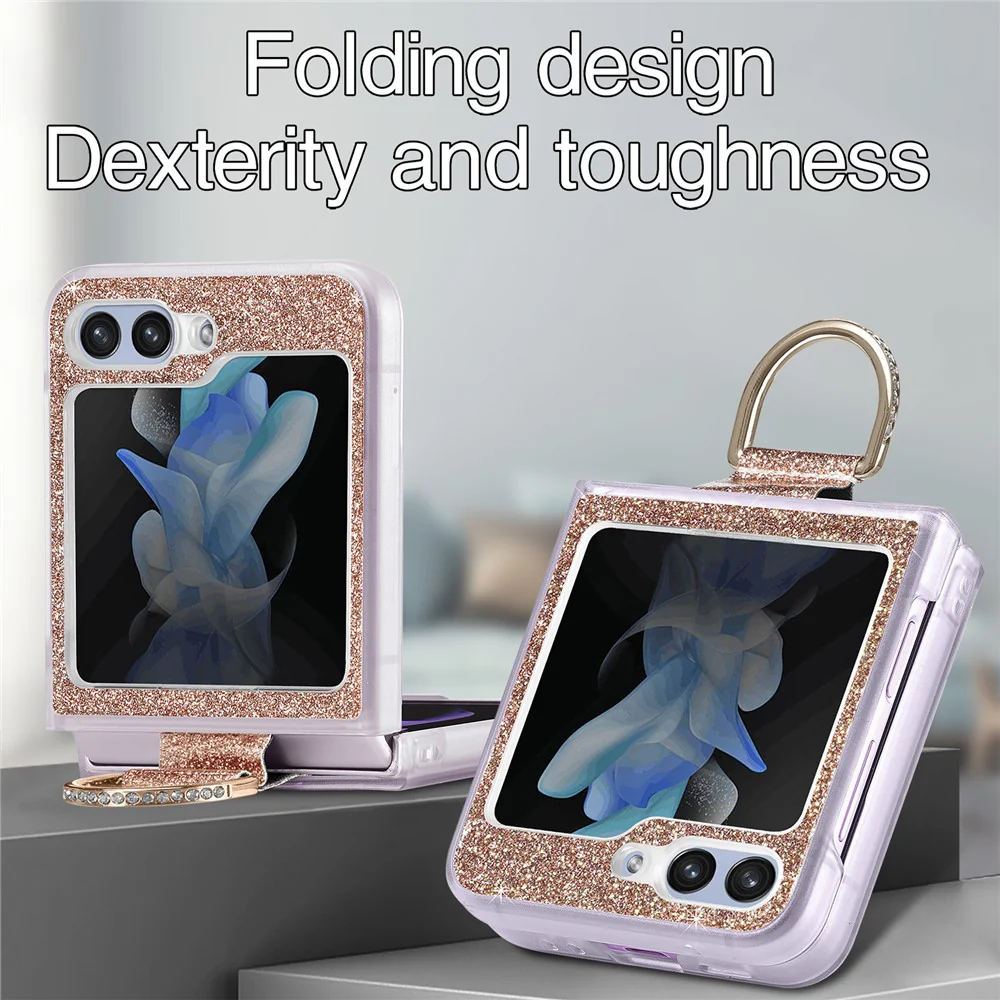 For Samsung Galaxy Z Flip7 FE 5G / Z Flip6 5G Case Leather+PC Glitter Phone Cover Rhinestone Ring Holder - Gold - Image 7