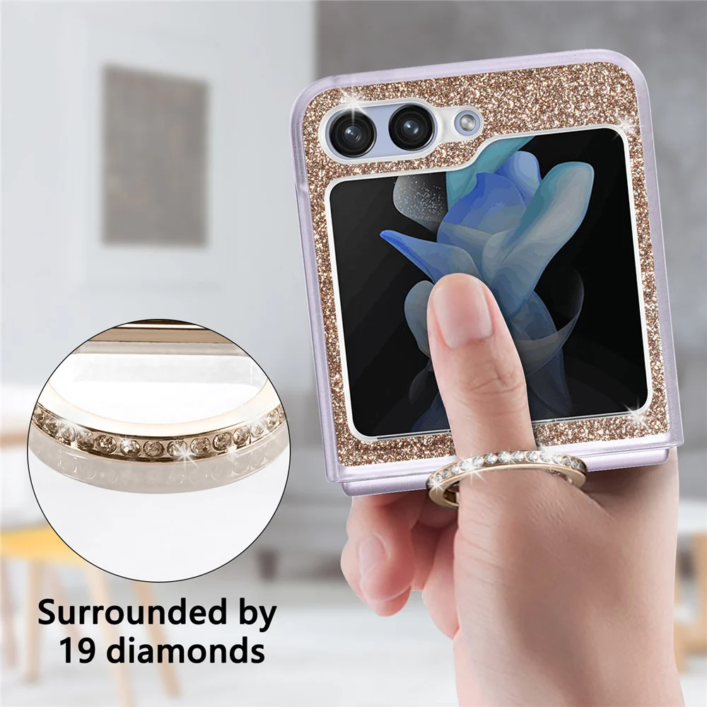 For Samsung Galaxy Z Flip7 FE 5G / Z Flip6 5G Case Leather+PC Glitter Phone Cover Rhinestone Ring Holder - Gold - Image 8