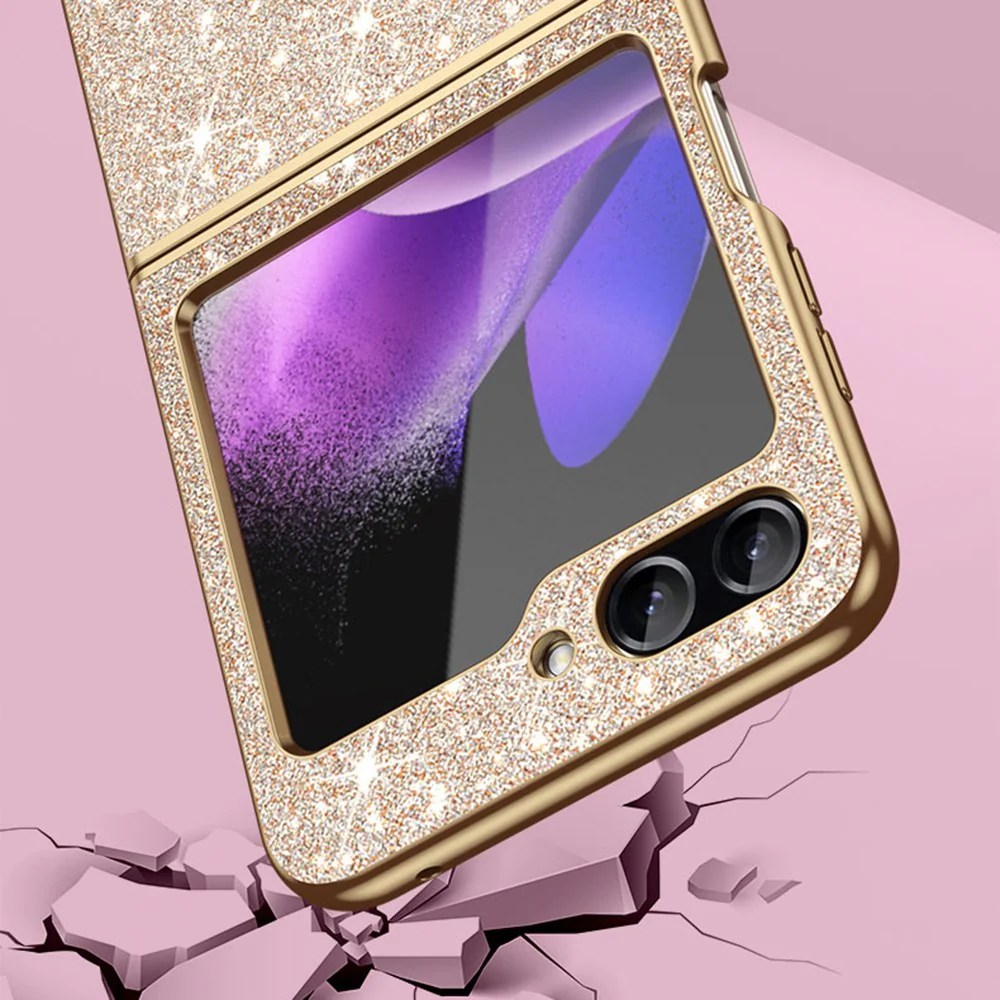 For Samsung Galaxy Z Flip7 FE 5G / Z Flip6 5G Case Leather+PC Phone Cover Sparkle Glitter - Gold - Image 4
