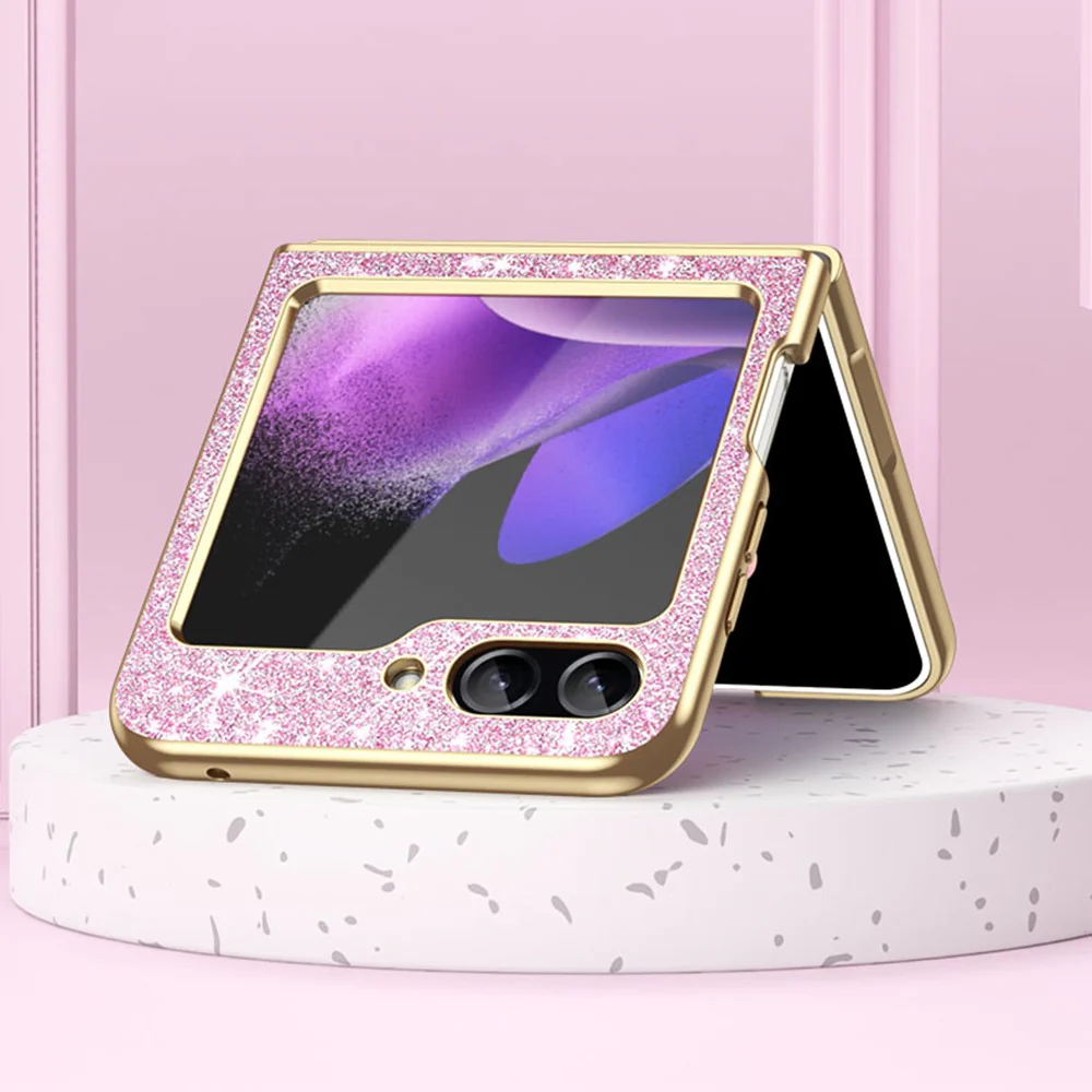 For Samsung Galaxy Z Flip7 FE 5G / Z Flip6 5G Case Leather+PC Phone Cover Sparkle Glitter - Pink - Image 2