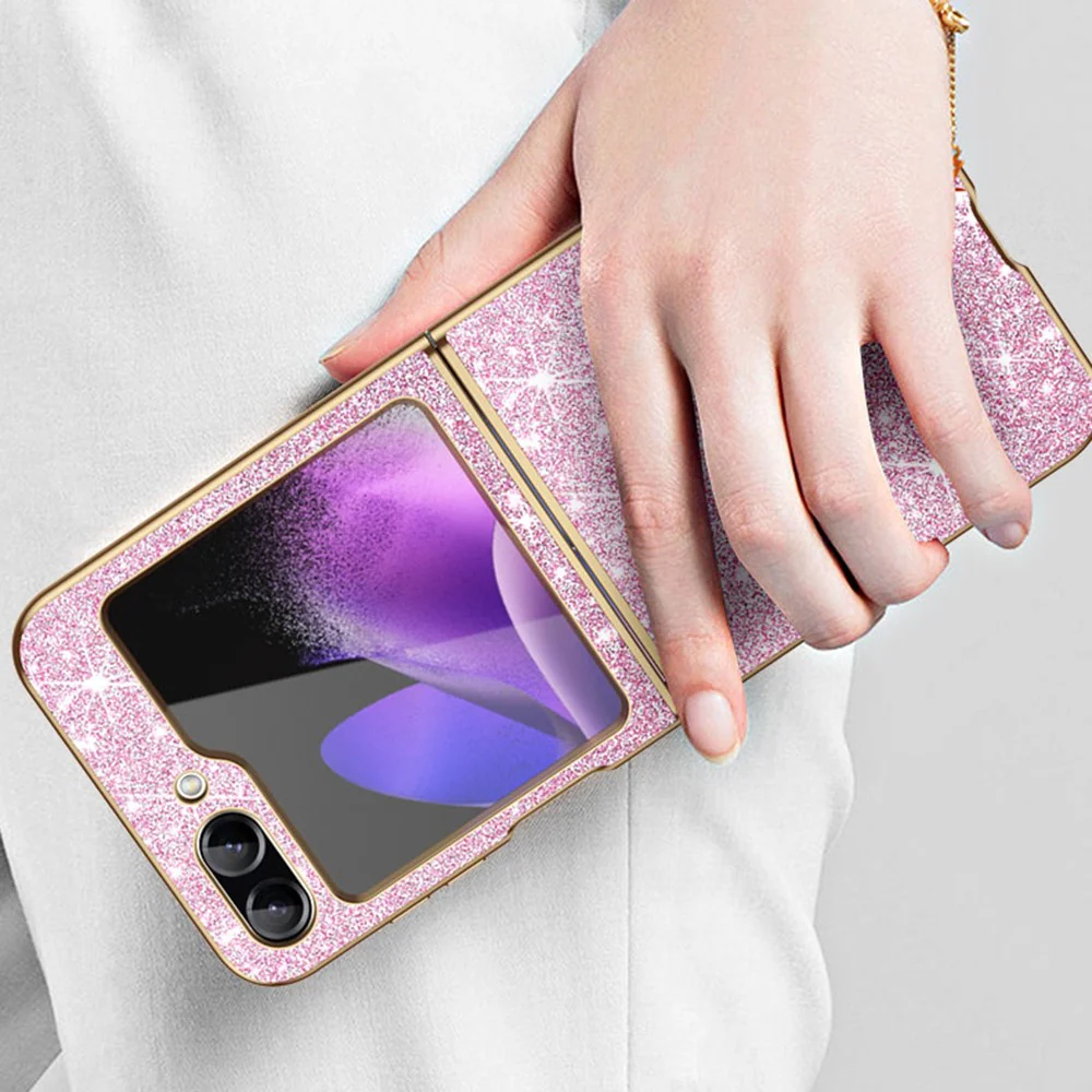 For Samsung Galaxy Z Flip7 FE 5G / Z Flip6 5G Case Leather+PC Phone Cover Sparkle Glitter - Pink - Image 5