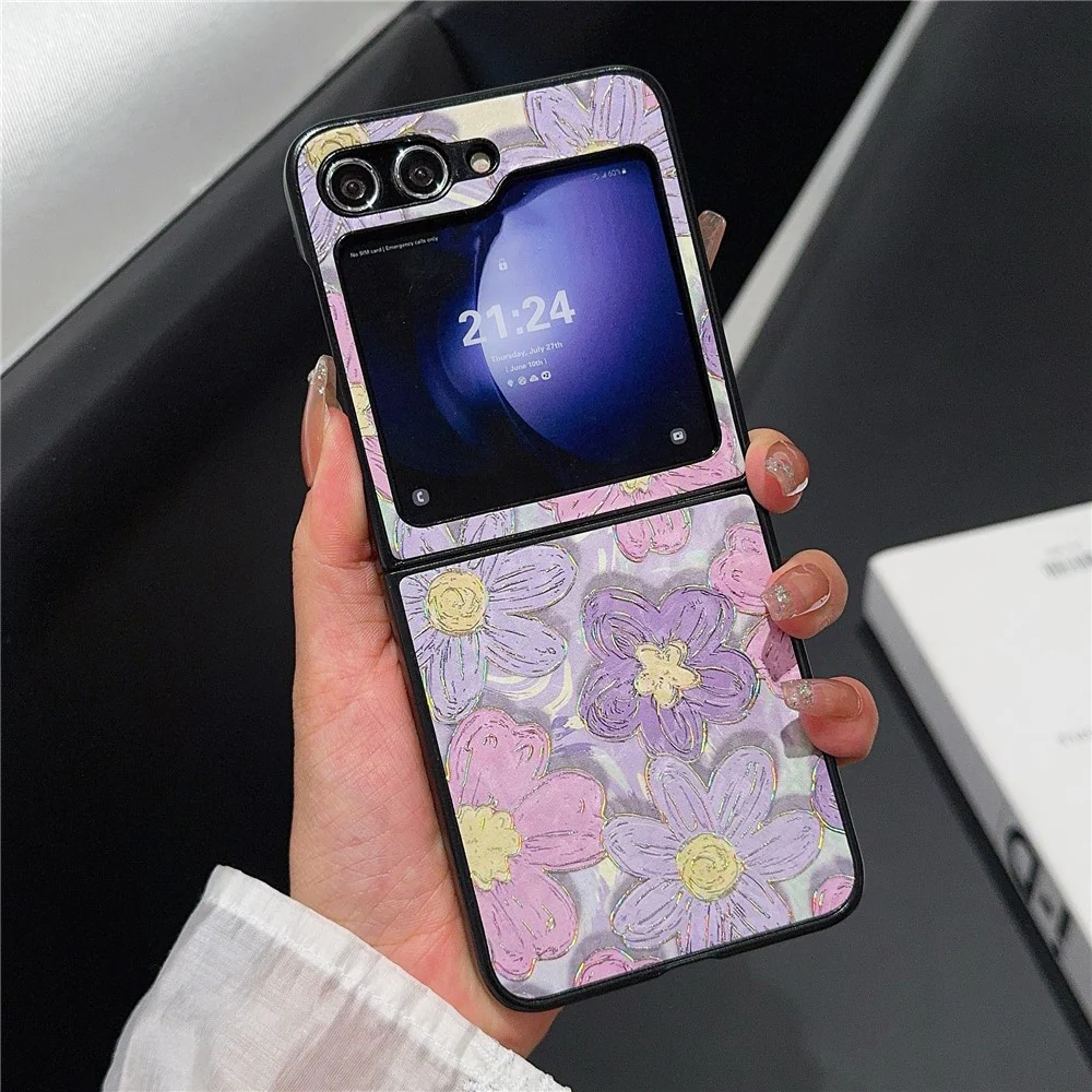 For Samsung Galaxy Z Flip7 FE 5G / Z Flip6 5G Case Leather + PC Protective Phone Cover Lacquered Pattern - Purple Flowers - Image 2