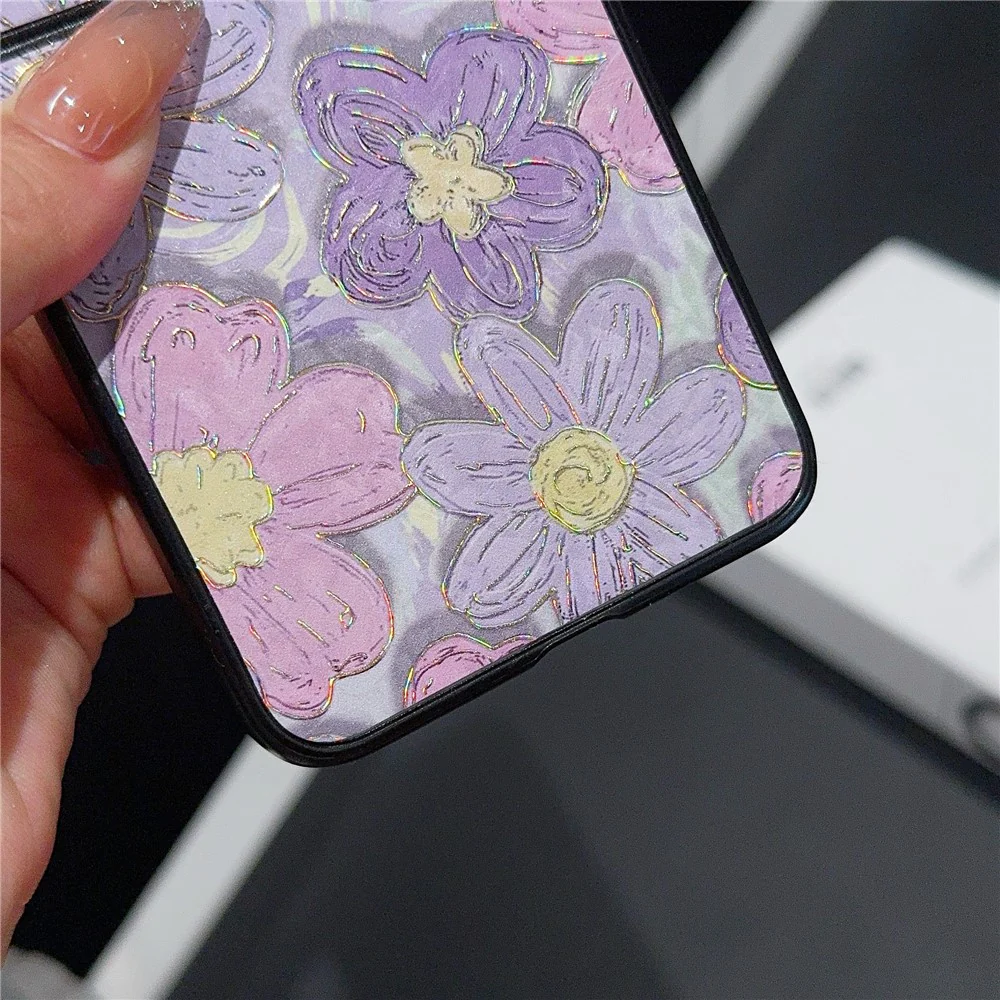 For Samsung Galaxy Z Flip7 FE 5G / Z Flip6 5G Case Leather + PC Protective Phone Cover Lacquered Pattern - Purple Flowers - Image 4