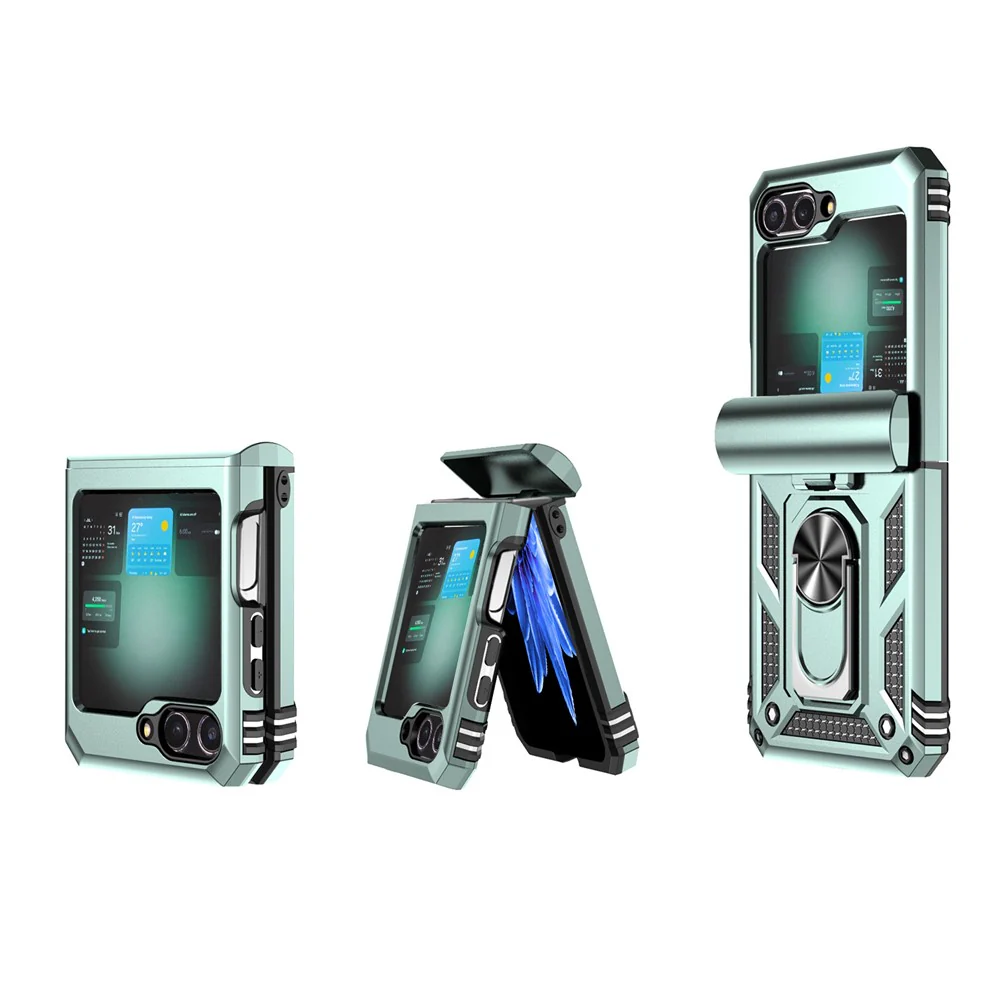 For Samsung Galaxy Z Flip7 FE 5G / Z Flip6 5G Case Lens Protection PC TPU Phone Cover Anti-Drop Ring Holder - Blackish Green - Image 8