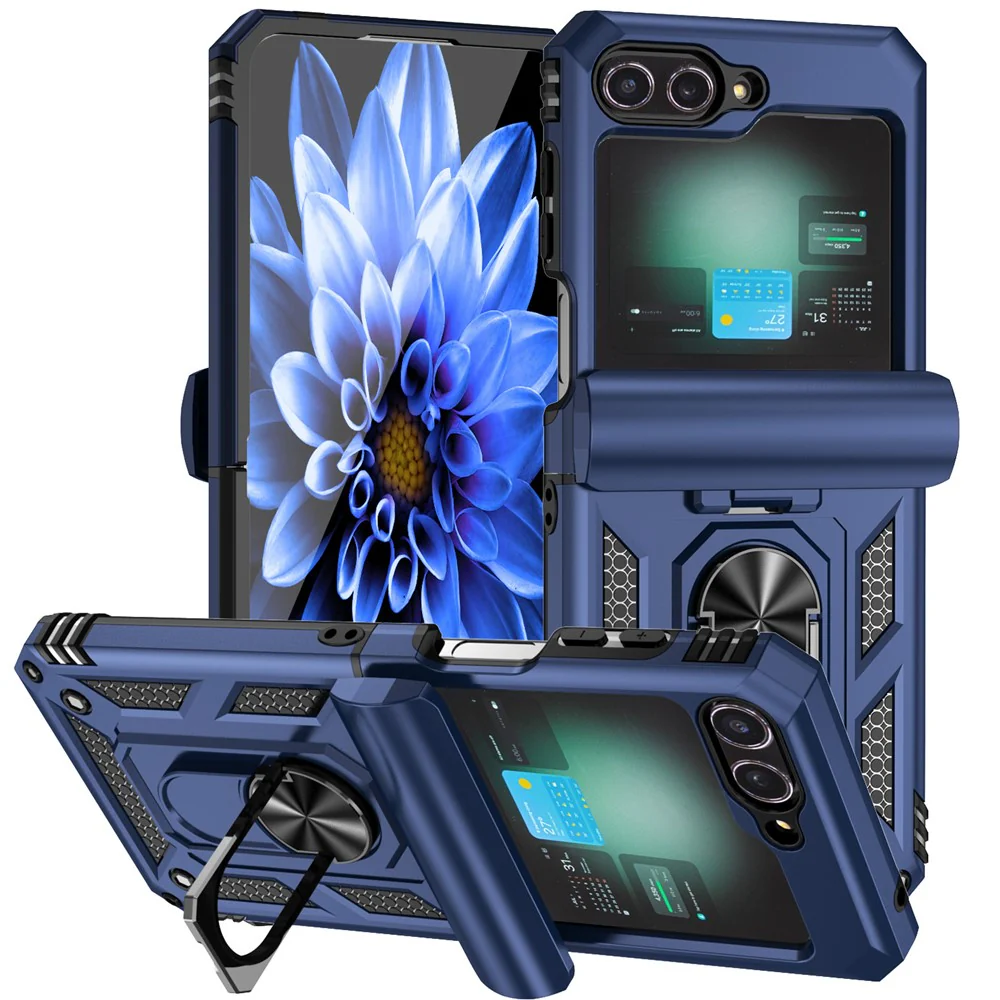 For Samsung Galaxy Z Flip7 FE 5G / Z Flip6 5G Case Lens Protection PC TPU Phone Cover Anti-Drop Ring Holder - Blue
