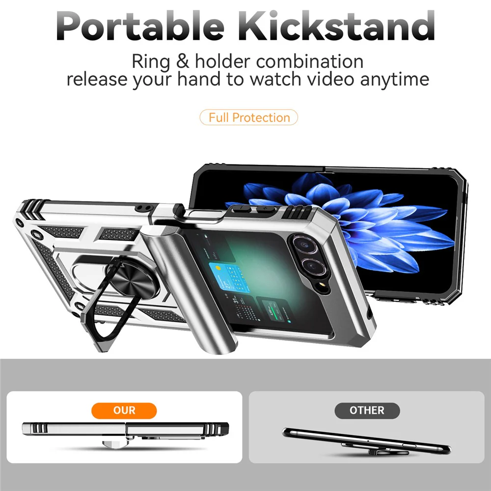 For Samsung Galaxy Z Flip7 FE 5G / Z Flip6 5G Case Lens Protection PC TPU Phone Cover Anti-Drop Ring Holder - Silver - Image 2