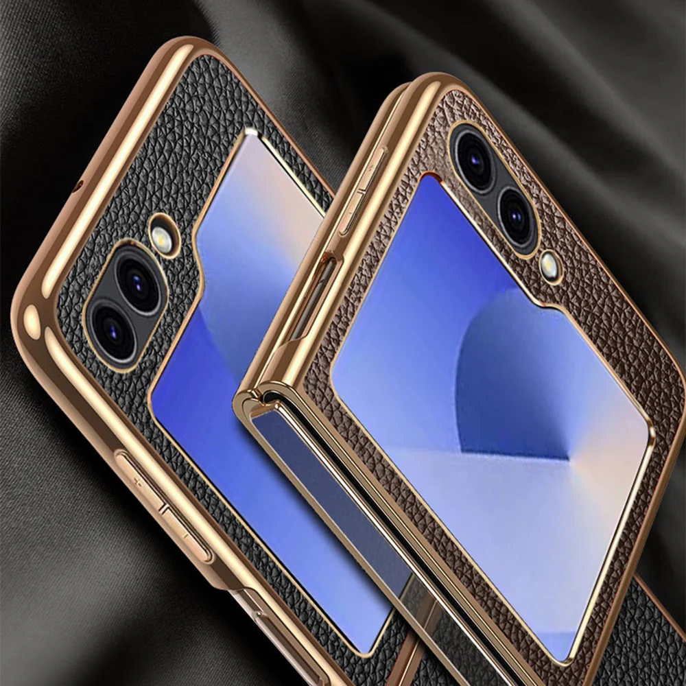 For Samsung Galaxy Z Flip7 FE 5G / Z Flip6 5G Case Litchi Texture Genuine Cow Leather+PC Phone Cover - Coffee - Image 5