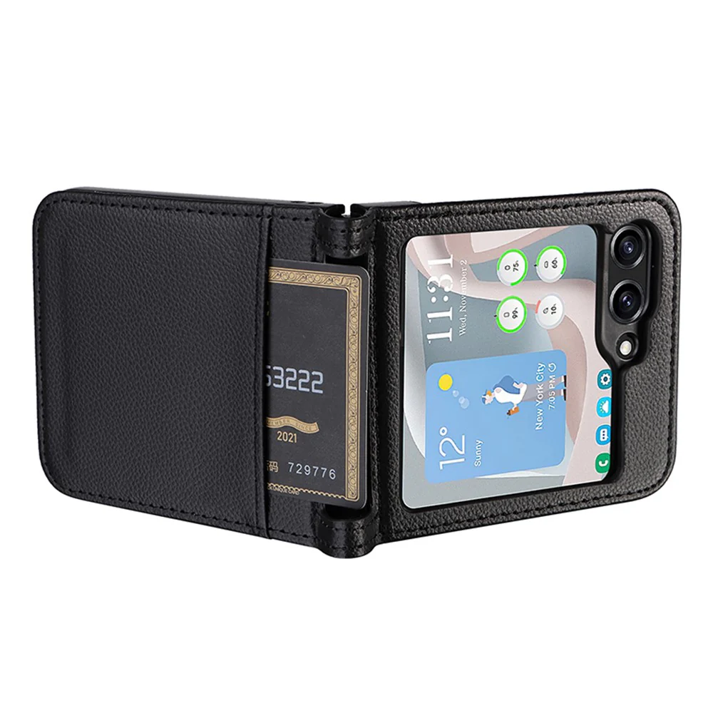 For Samsung Galaxy Z Flip7 FE 5G / Z Flip6 5G Case Litchi Texture PU Leather + PC Card Slot Phone Cover - Black - Image 7