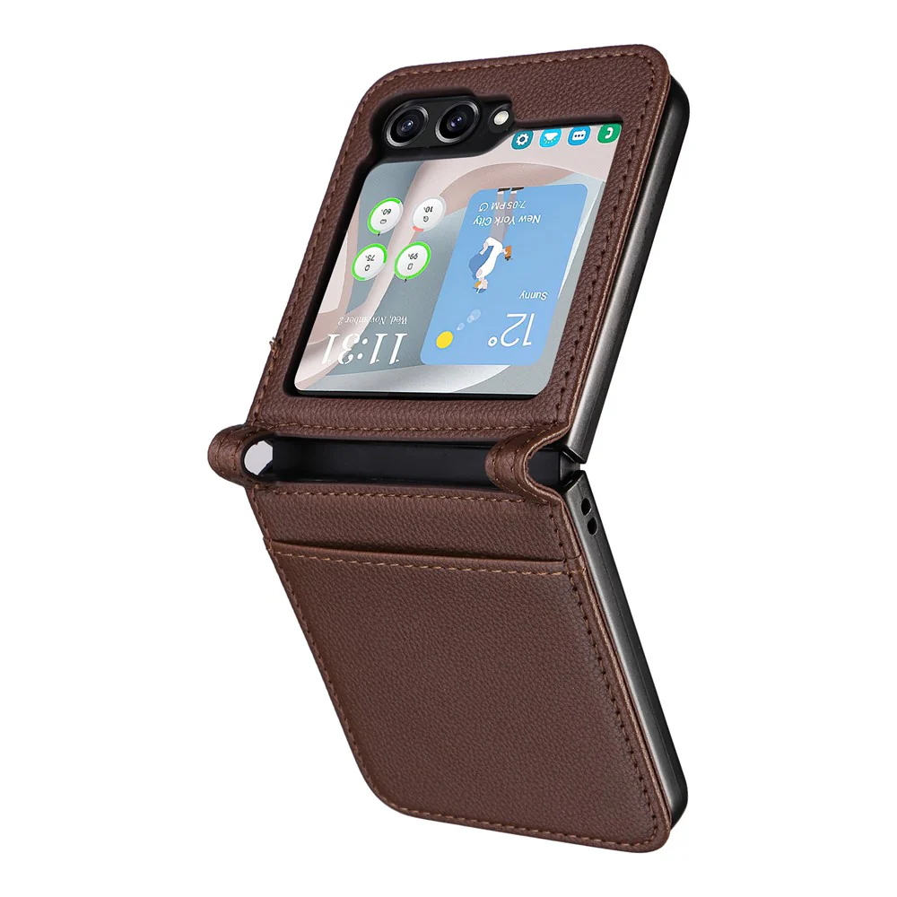 For Samsung Galaxy Z Flip7 FE 5G / Z Flip6 5G Case Litchi Texture PU Leather + PC Card Slot Phone Cover - Brown - Image 4
