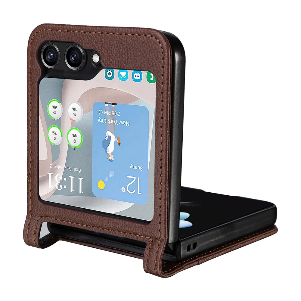 For Samsung Galaxy Z Flip7 FE 5G / Z Flip6 5G Case Litchi Texture PU Leather + PC Card Slot Phone Cover - Brown - Image 5