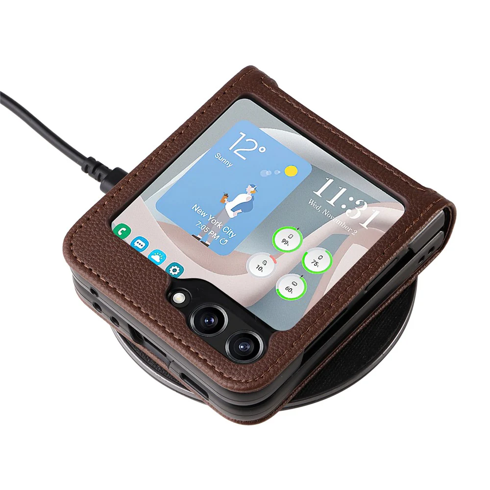 For Samsung Galaxy Z Flip7 FE 5G / Z Flip6 5G Case Litchi Texture PU Leather + PC Card Slot Phone Cover - Brown - Image 8