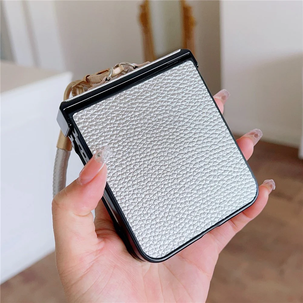 For Samsung Galaxy Z Flip7 FE 5G / Z Flip6 5G Case Litchi Texture PU + PC Phone Back Cover with Strap - Brown - Image 6