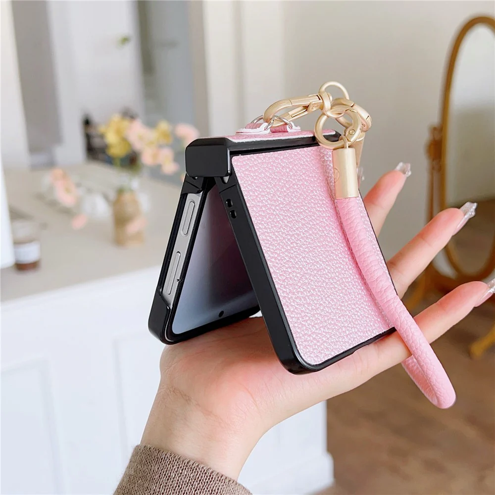 For Samsung Galaxy Z Flip7 FE 5G / Z Flip6 5G Case Litchi Texture PU + PC Phone Back Cover with Strap - Pink - Image 6