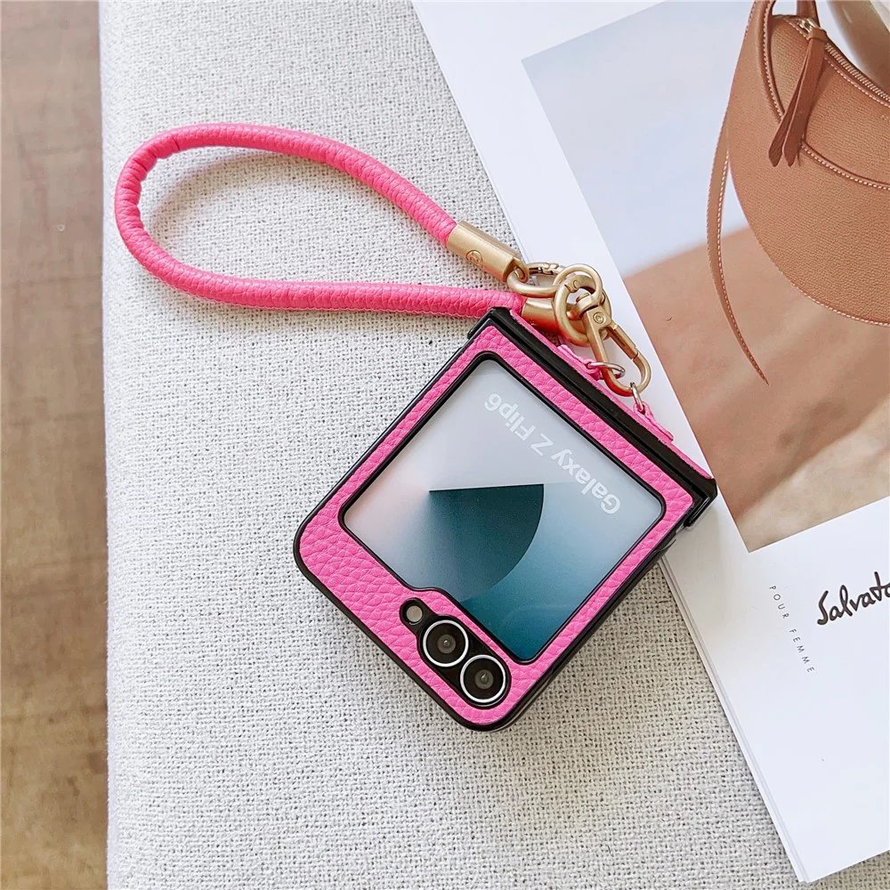 For Samsung Galaxy Z Flip7 FE 5G / Z Flip6 5G Case Litchi Texture PU + PC Phone Back Cover with Strap - Rose - Image 4