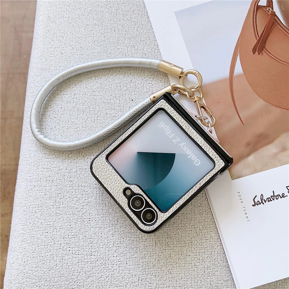 For Samsung Galaxy Z Flip7 FE 5G / Z Flip6 5G Case Litchi Texture PU + PC Phone Back Cover with Strap - Silver - Image 2