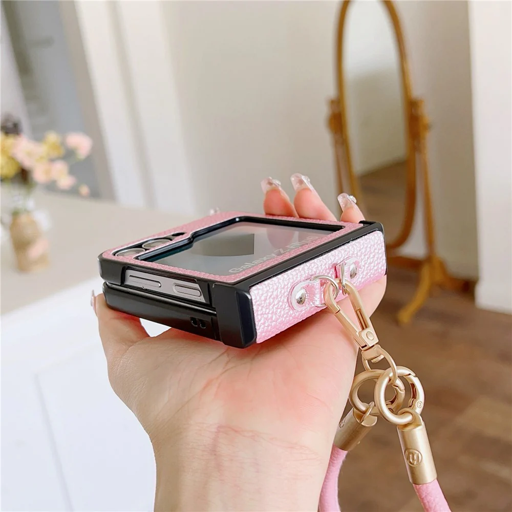 For Samsung Galaxy Z Flip7 FE 5G / Z Flip6 5G Case Litchi Texture PU + PC Phone Back Cover with Strap - Silver - Image 4