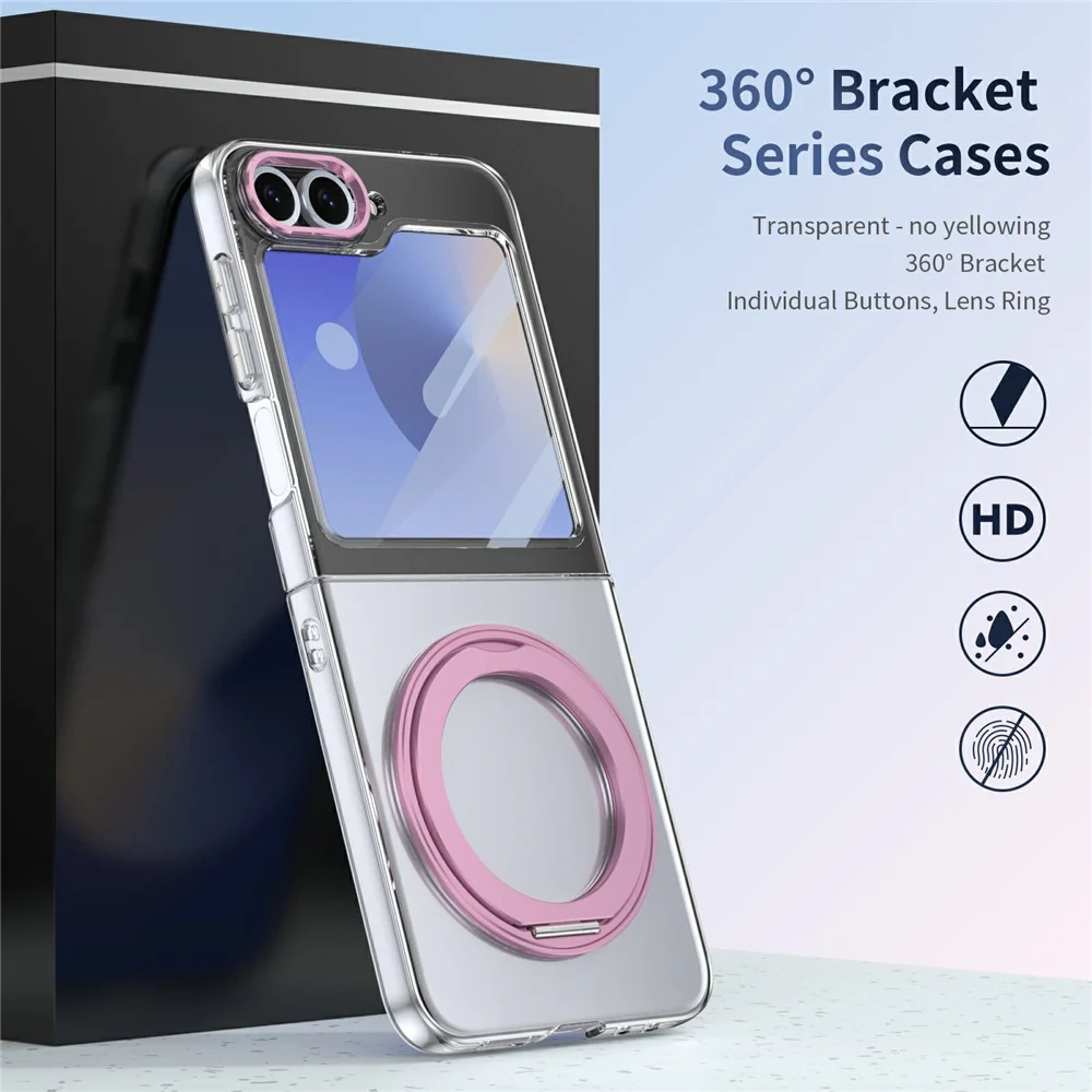 For Samsung Galaxy Z Flip7 FE 5G / Z Flip6 5G Case Magnetic Kickstand Clear PC Phone Cover with HD Screen Film - Pink - Image 5