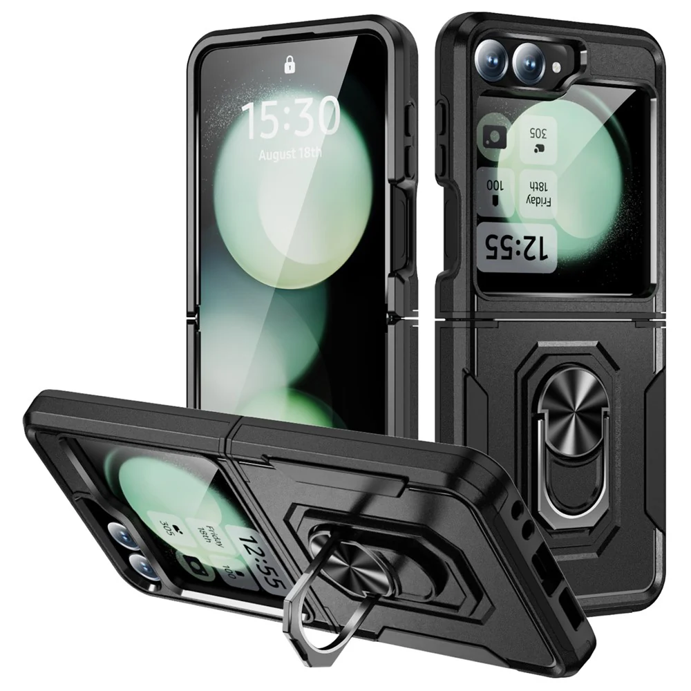 For Samsung Galaxy Z Flip7 FE 5G / Z Flip6 5G Case Military Grade Ring Kickstand PC + TPU Phone Cover - Black