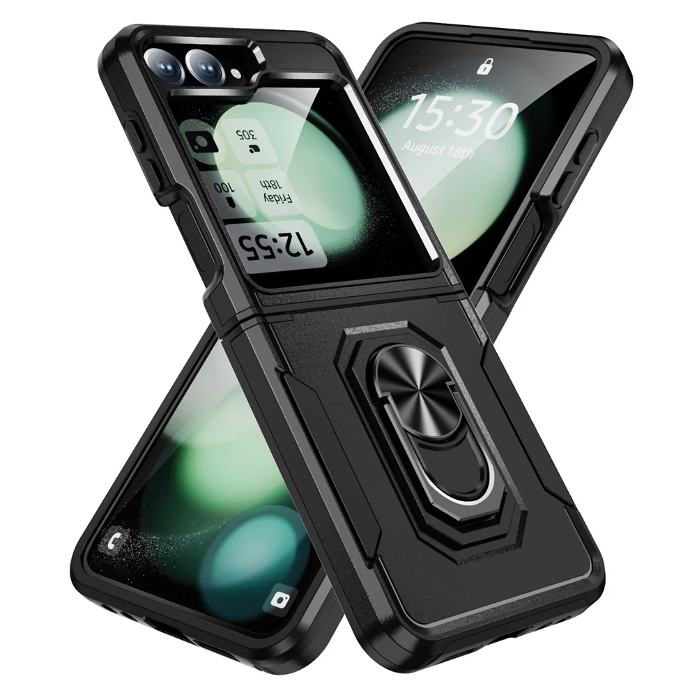 For Samsung Galaxy Z Flip7 FE 5G / Z Flip6 5G Case Military Grade Ring Kickstand PC + TPU Phone Cover - Black - Image 2