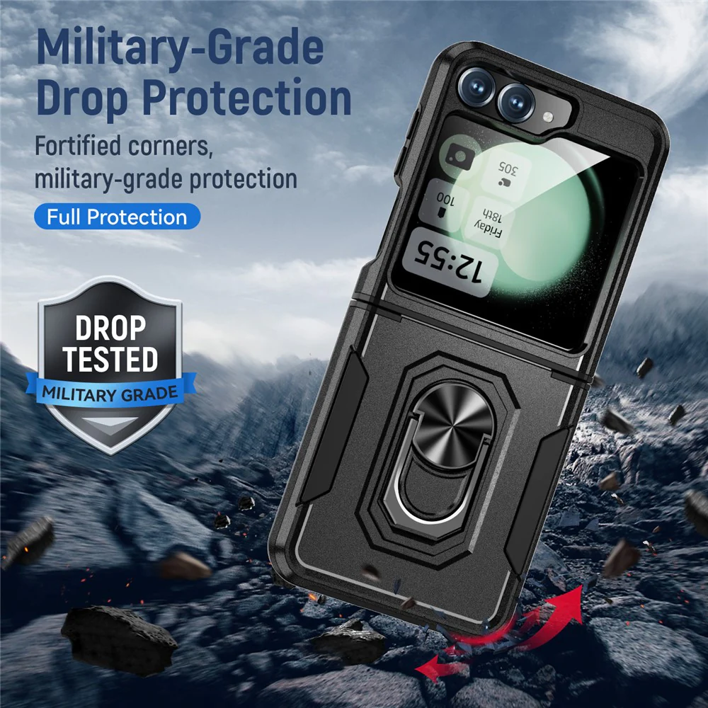 For Samsung Galaxy Z Flip7 FE 5G / Z Flip6 5G Case Military Grade Ring Kickstand PC + TPU Phone Cover - Black - Image 8