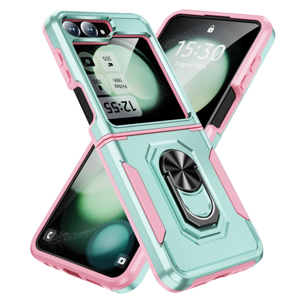 For Samsung Galaxy Z Flip7 FE 5G / Z Flip6 5G Case Military Grade Ring Kickstand PC + TPU Phone Cover - Green + Pink - Image 2