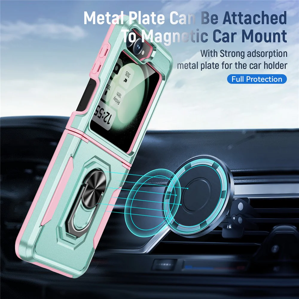 For Samsung Galaxy Z Flip7 FE 5G / Z Flip6 5G Case Military Grade Ring Kickstand PC + TPU Phone Cover - Green + Pink - Image 4