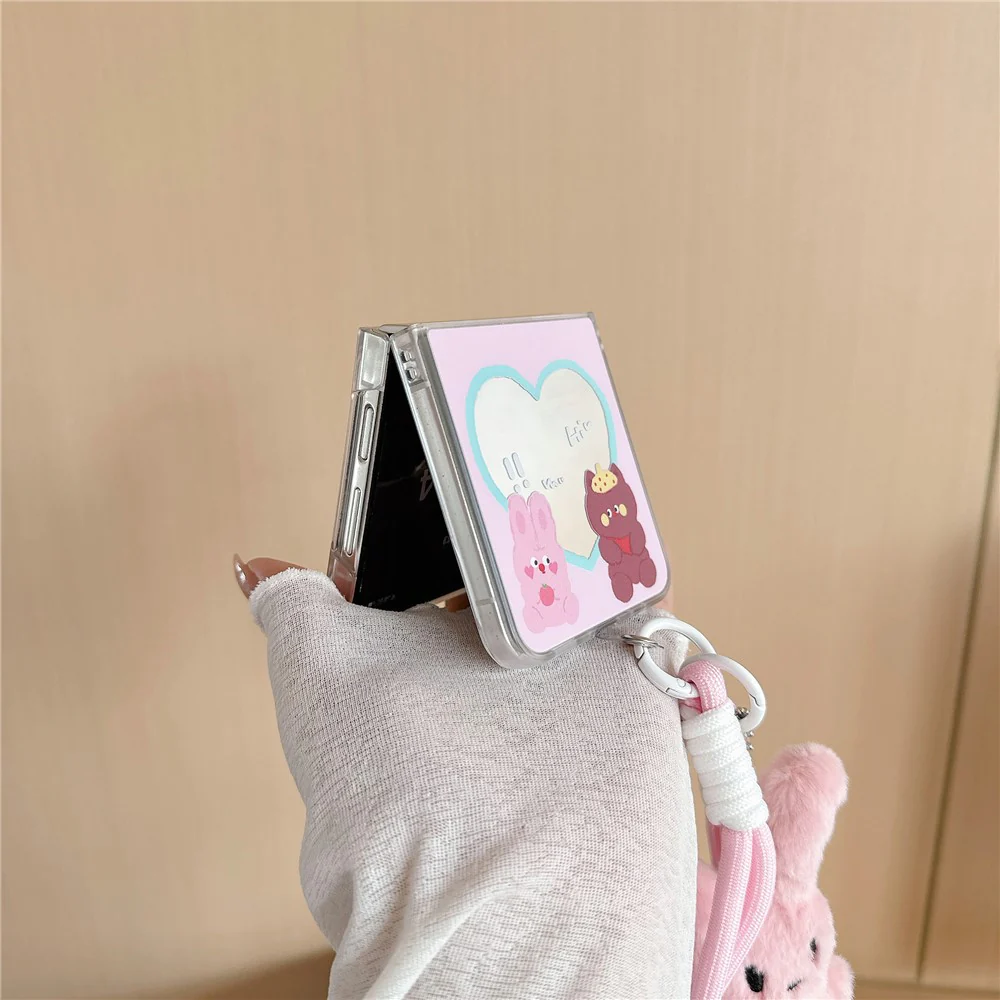 For Samsung Galaxy Z Flip7 FE 5G / Z Flip6 5G Case Mirror Surface Protective Hard PC Phone Cover with Wrist Strap - Pink Rabbit - Image 2