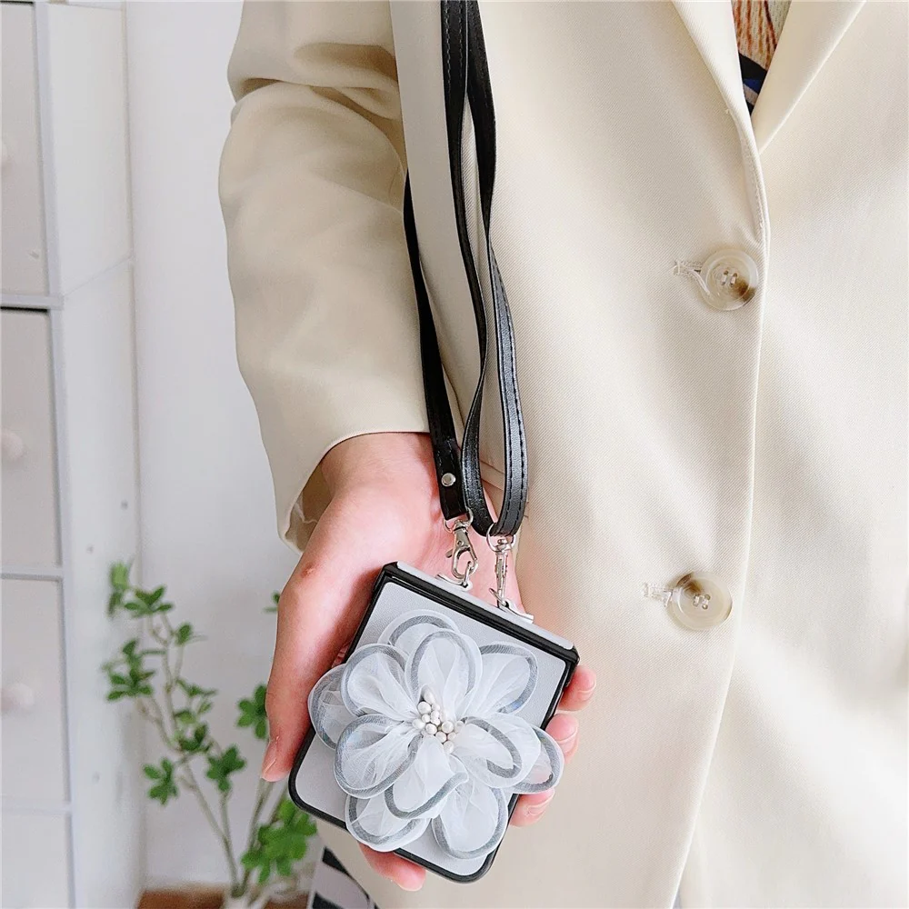 For Samsung Galaxy Z Flip7 FE 5G / Z Flip6 5G Case Organza Flower Leather+PC Phone Cover with Crossbody Lanyard - Grey - Image 2