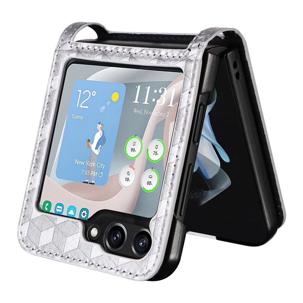 For Samsung Galaxy Z Flip7 FE 5G / Z Flip6 5G Case PU Leather + PC Phone Cover Rhombus Card Slot - Silver - Image 6